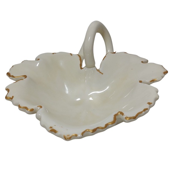 Vintage Candy Dish Porcelain Leaf with Gold Trim Handmade Handle SEE - Picture 3 of 10